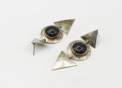 MEXICO 925  Silver  Vintage Cabochon Cut Black Onyx Dangle Earrings  EG10679