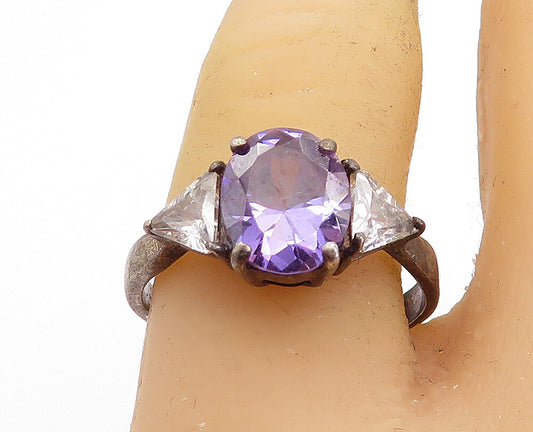 925 Silver  Vintage Purple & White Cubic Zirconia Band Ring Sz 9.5  RG7144