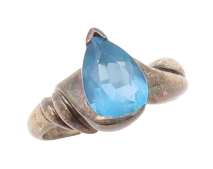 925 Sterling Silver Vintage Ring Dark Tone Carved Drop cut Topaz  Sz 7 RG31124