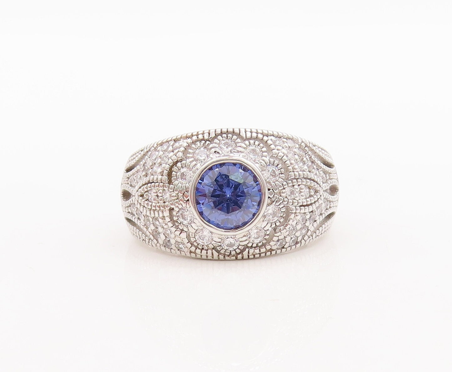 925 Sterling Silver Vintage Ring Floral Carved Blue & White CZ  Sz 7  RG29547