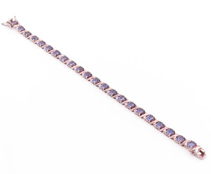 925 Sterling Silver Vintage Bracelet Oval Cut  Amethyst X Carved Links BT11254