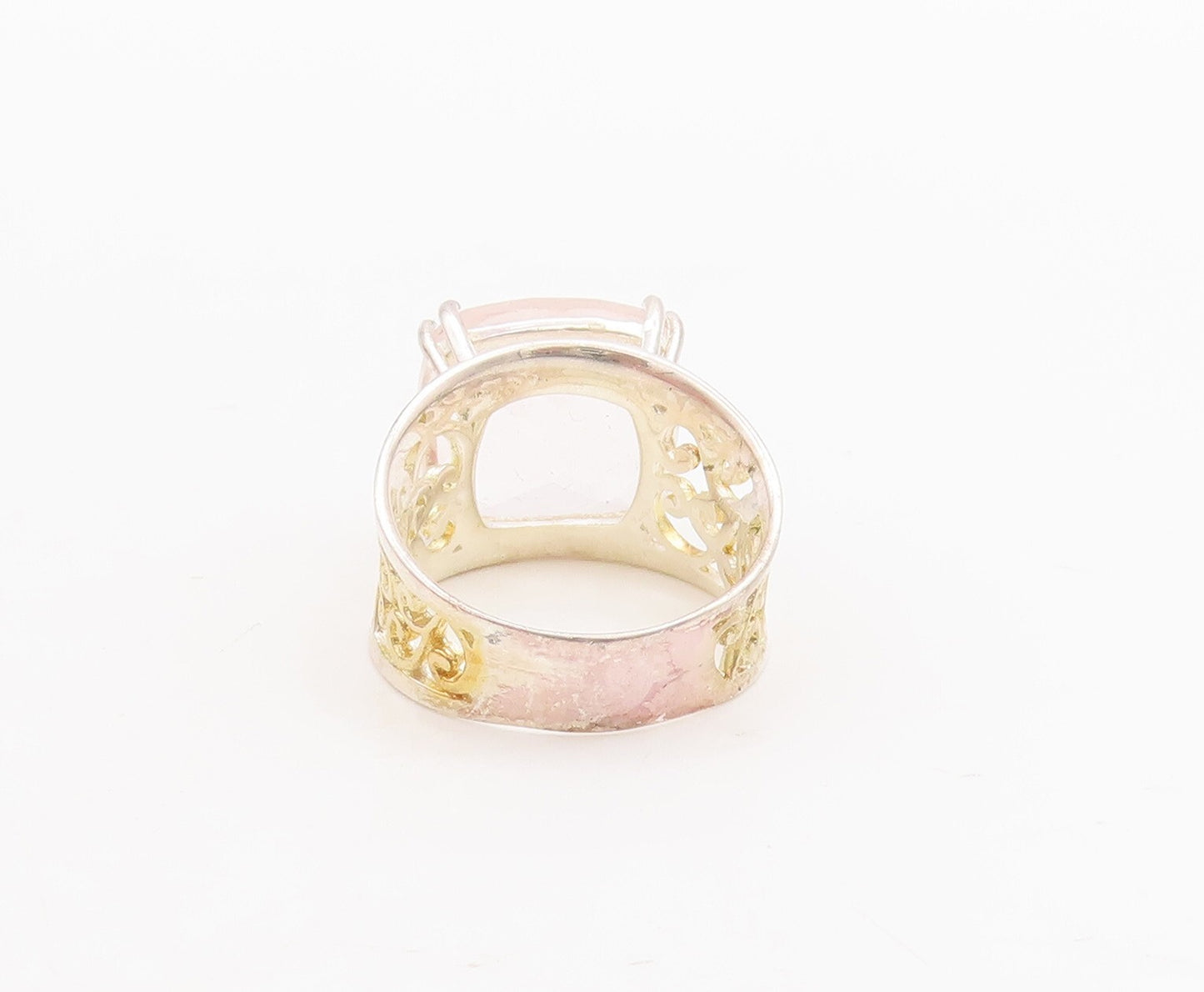 925 Sterling Silver Vintage Ring Gold Plated Swirly Cut Rose Quartz Sz 7 RG29226