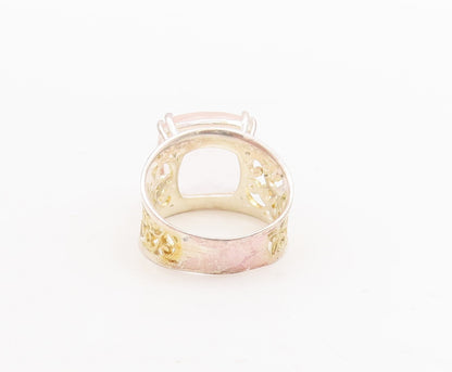 925 Sterling Silver Vintage Ring Gold Plated Swirly Cut Rose Quartz Sz 7 RG29226