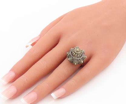 925 Sterling Silver Vintage Ring Designer Dark Tone Flower Carved Sz 8  RG31854
