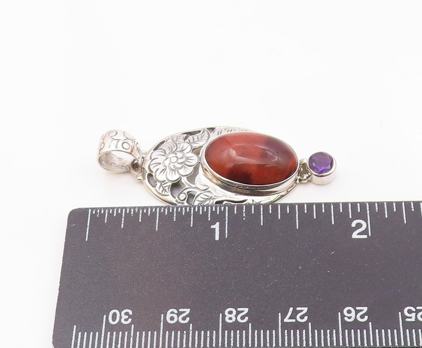 925 Sterling Silver  Vintage Red Tiger's Eye & Amethyst Floral Pendant PT16809