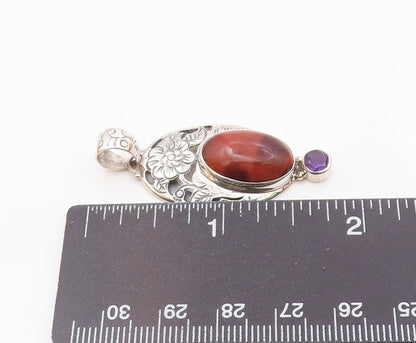 925 Sterling Silver  Vintage Red Tiger's Eye & Amethyst Floral Pendant PT16809