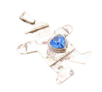 925 Sterling Silver Vintage Pendant Solid Carved Boy With Blue CZ Heart  PT23652