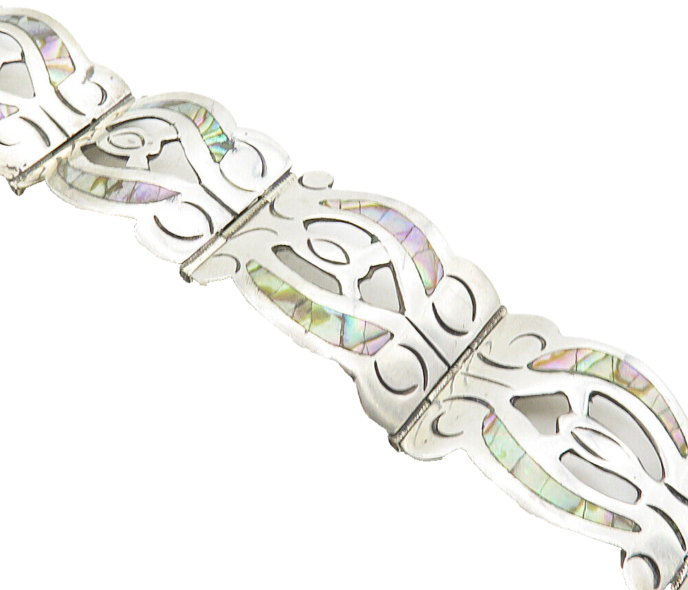 MEXICO 925 Sterling Silver  Vintage Inlaid Abalone Shell Chain Bracelet BT4078