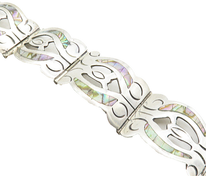 MEXICO 925 Sterling Silver  Vintage Inlaid Abalone Shell Chain Bracelet BT4078