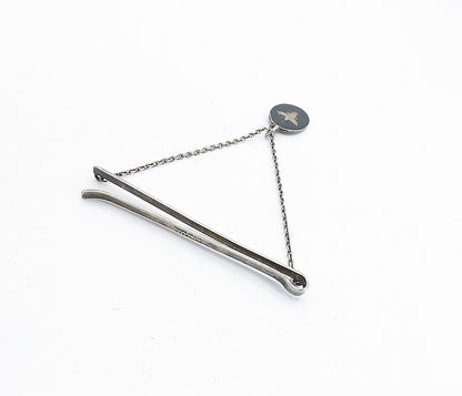 SIAM 925 Sterling Silver  Vintage Niello Etched Chained Thin Tie Clip  TR1183