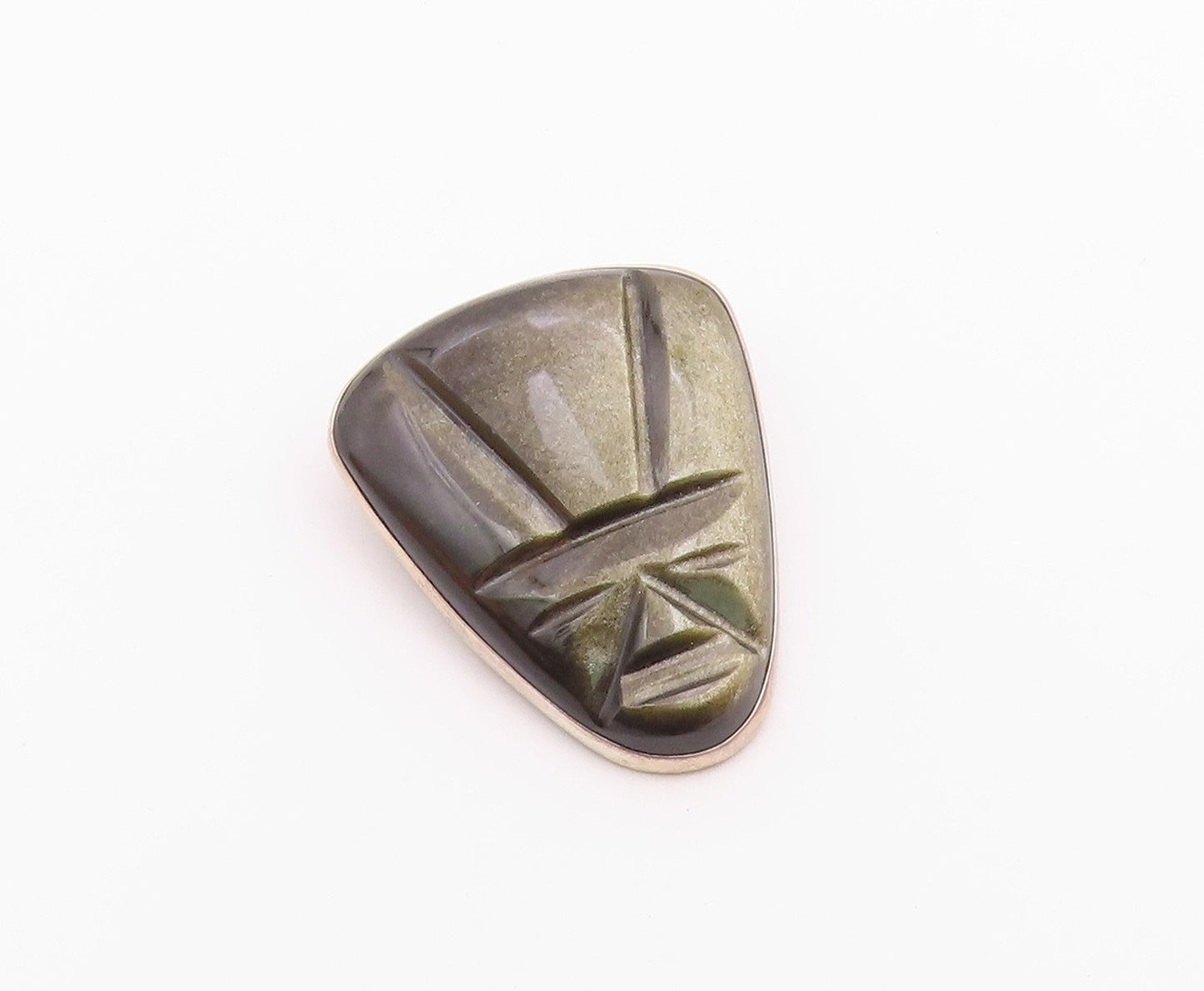 PEDRO CASTILLO 925 Silver  Vintage Obsidian Carved Face Brooch Pin  BP9380