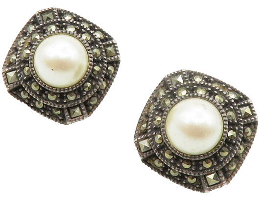 JUDITH JACK 925 Silver  Vintage Pearl & Marcasite Non Pierce Earrings  EG7023