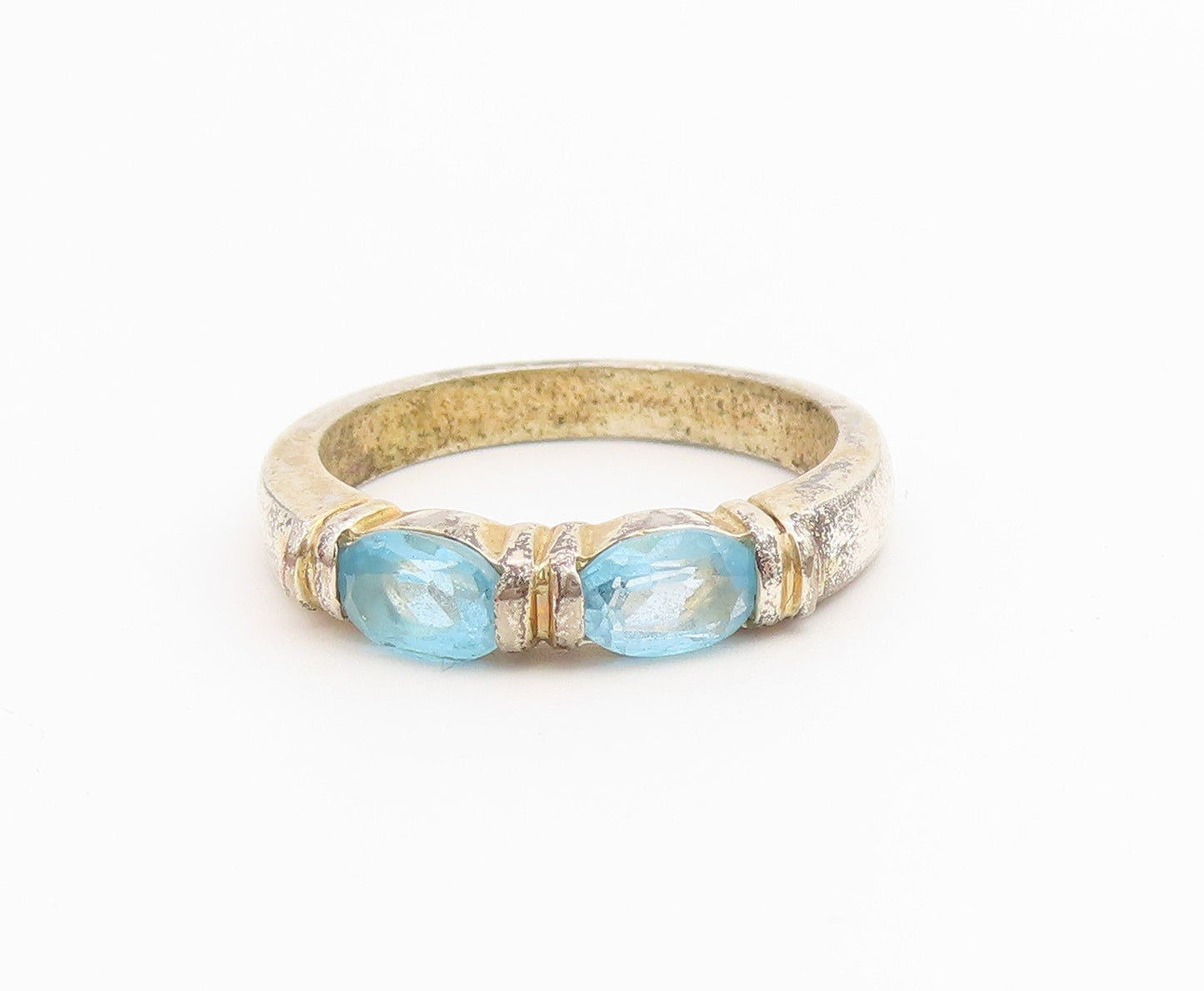 925 Sterling Silver Vintage Ring Classic Blue Topaz Dual Stone Band Sz 7 RG36673