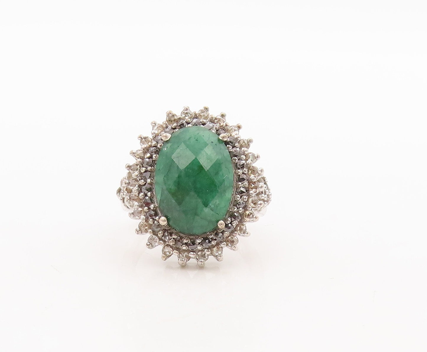 925 Sterling Silver Vintage Ring Oval Green Gemstone & Diamonds  Sz 6  RG29707