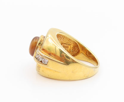 925 Sterling Silver Vintage Ring Gold Plated Tiger's Eye & CZ Band Sz 10 RG36127