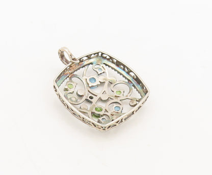 925 Sterling Silver Vintage Pendant Beaded Frame Topaz Peridot Swirls  PT22512