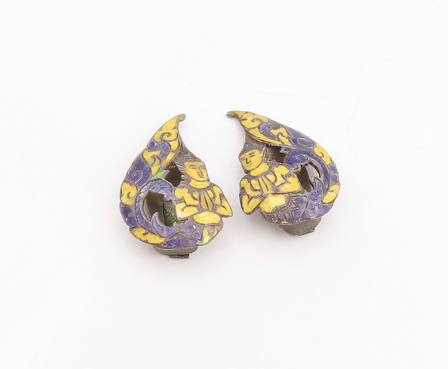 925 Sterling Silver Vintage Earrings SIAM Enameled Kinnari Dancer Clips  EG13713