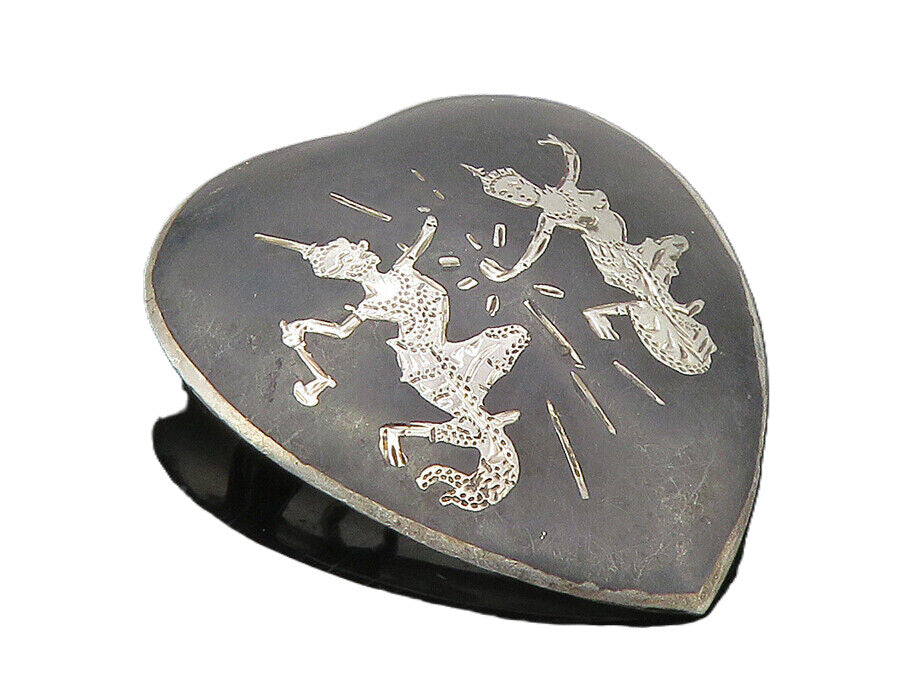 SIAM 925 Sterling Silver  Vintage Enamel Niello Dancer Heart Brooch Pin BP4004