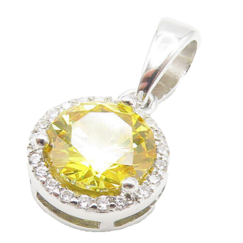 925 Sterling Silver  Sparkling Yellow Cubic Zirconia Round Pendant  PT8981