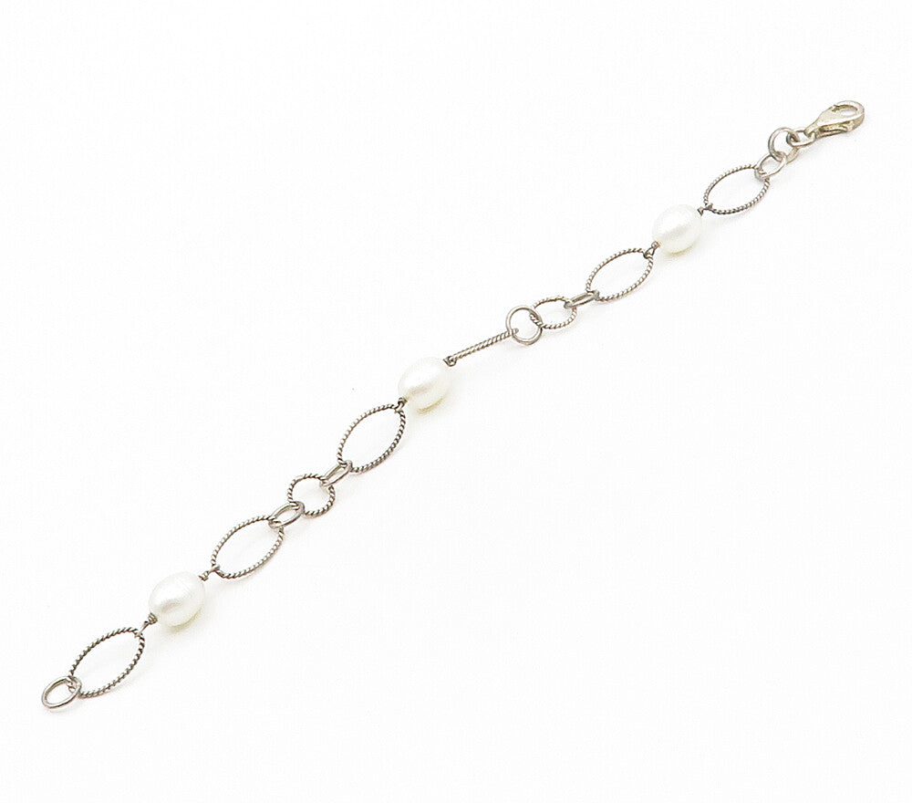 925 Sterling Silver  Vintage Pearls Oval Twist Link Chain Bracelet  BT6136