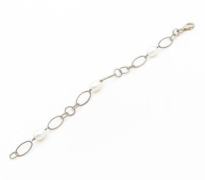 925 Sterling Silver  Vintage Pearls Oval Twist Link Chain Bracelet  BT6136