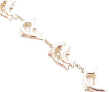 925 Sterling Silver  Vintage Polished Dolphin Love Link Chain Bracelet  BT1922