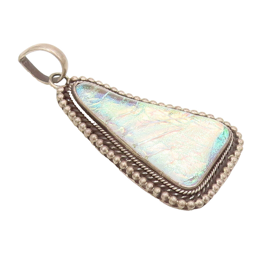 925 Sterling Silver Vintage Pendant Roman Glass Halo Twisted Rope Beaded PT22435