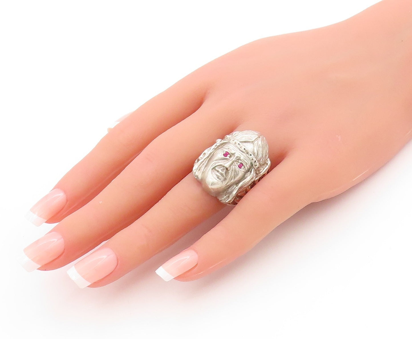 925 Sterling Silver Vintage Ring Ruby Eyed Tribal Chief Face Band Sz 11 RG33753