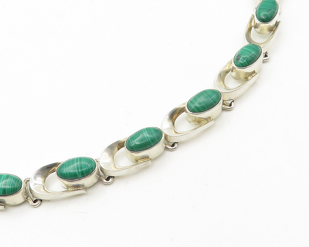MEXICO 925 Sterling Silver Vintage Cabochon Malachite Chain Necklace  NE2887