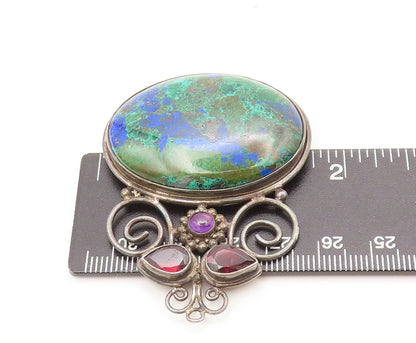 925 Sterling Silver Vintage Brooch Pin SAJEN Azurite Garnet & Amethyst  BP10619