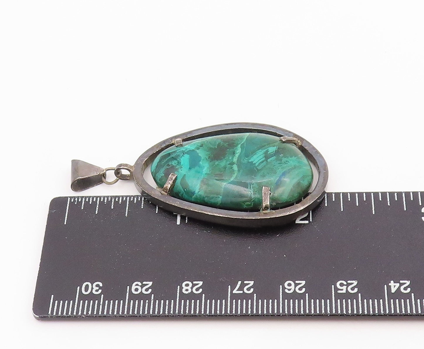 925 Sterling Silver Vintage Pendant Modernist Cabochon Malachite Drop  PT26251