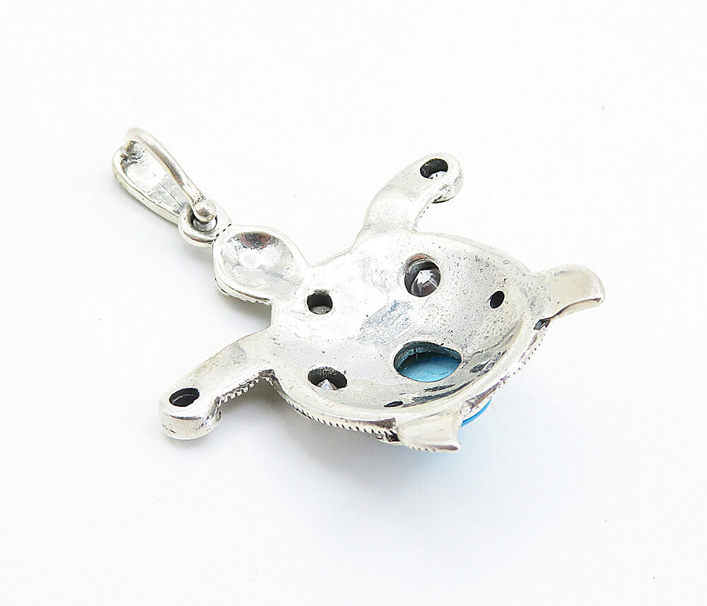 925 Sterling Silver  Vintage Turquoise & Cubic Zirconia Turtle Pendant  PT6067