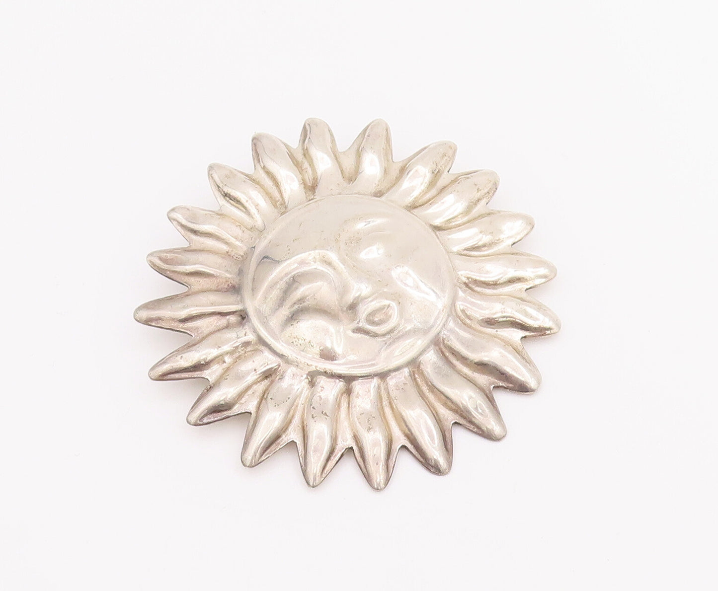 925 Sterling Silver Vintage Brooch Pin MEXICO Solid Carved Smiling Sun  BP11012