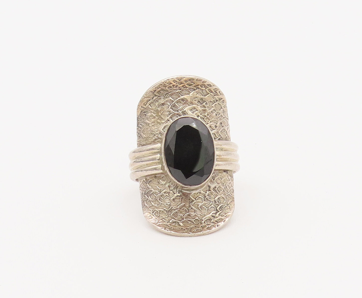 925 Sterling Silver Vintage Ring Dented Shield Beaded Oval Onyx Sz 11 RG27823