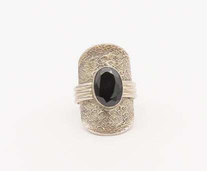 925 Sterling Silver Vintage Ring Dented Shield Beaded Oval Onyx Sz 11 RG27823