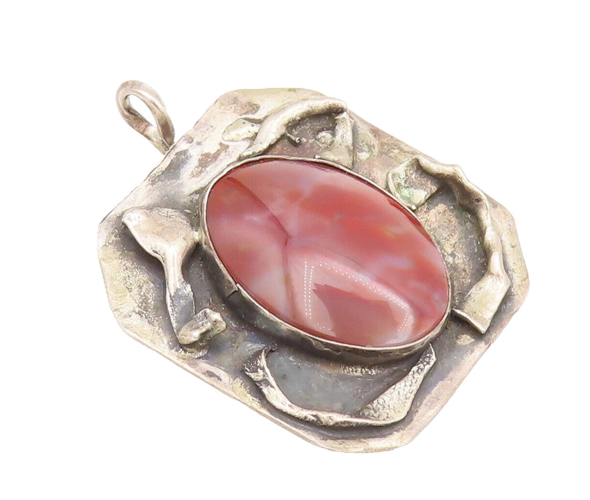 925 Sterling Silver Vintage Pendant Crushed Paper Carved Large Carnelian PT22525
