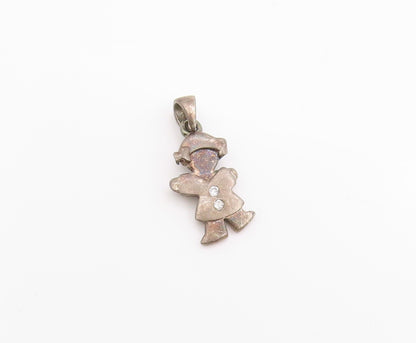925 Sterling Silver Vintage Pendant Round CZ Dark Tone Little Girl Charm PT24832