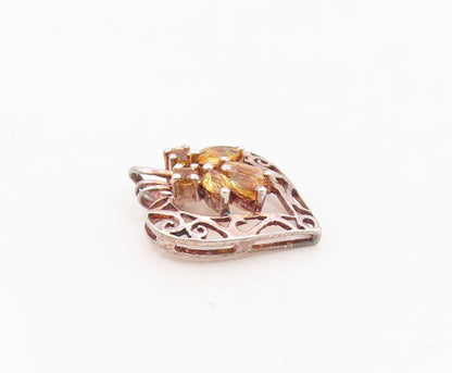 925 Sterling Silver  Vintage Open Love Heart Citrine Leaves Pendant  PT20091