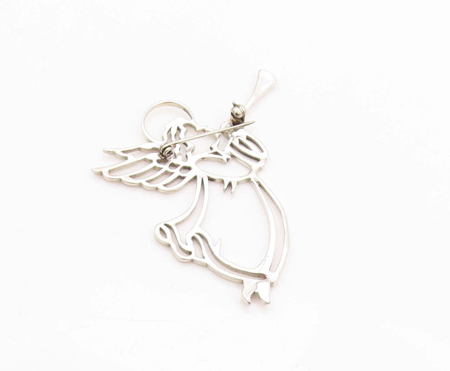 925 Sterling Silver Vintage Brooch Angel Stencil Cutout Playing Music  BP11597