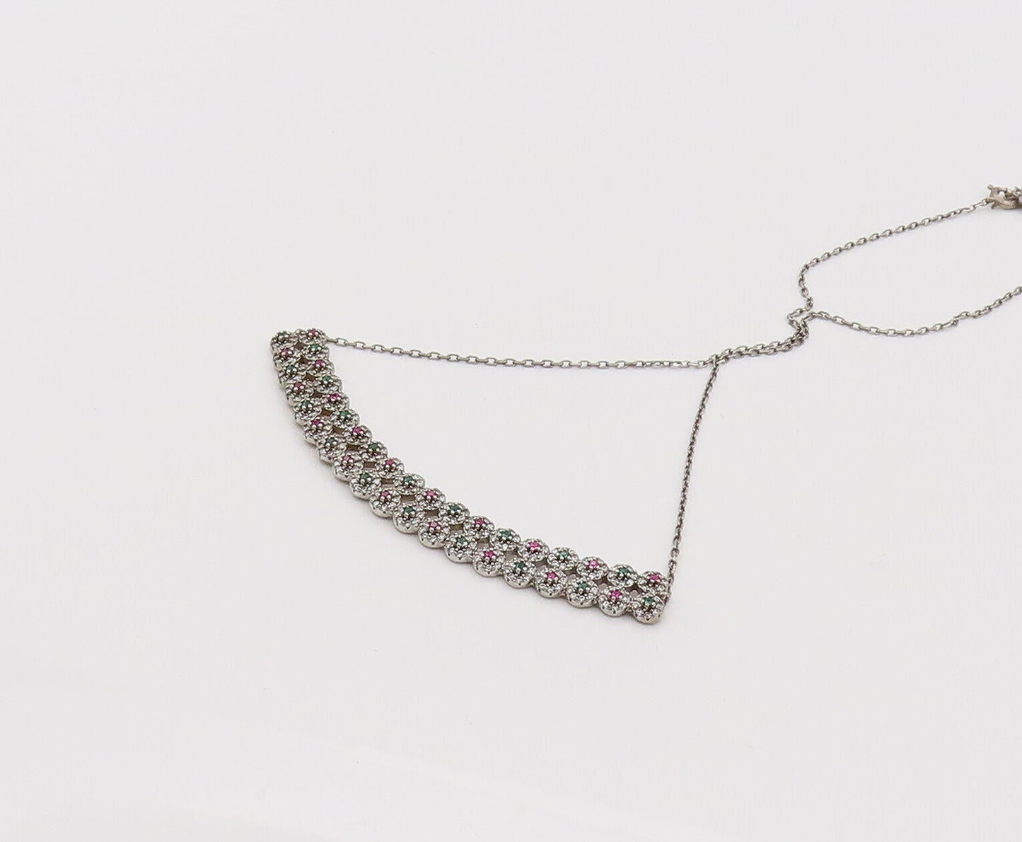 925 Sterling Silver  Vintage Pink & Green Flowers Halo CZ Necklace  NE4130