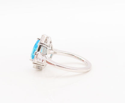 925 Sterling Silver Vintage Ring Drop Cut Blue Topaz Halo CZ  Sz 7  RG29649