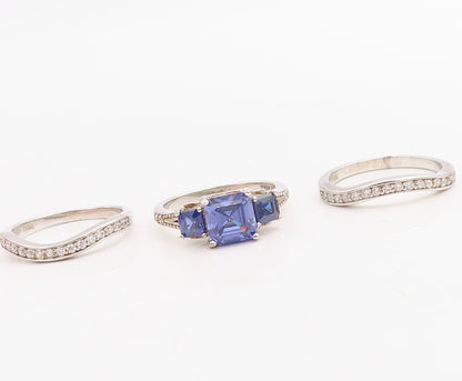 925 Sterling Silver Vintage Ring Stackable Sapphire & CZ Inlay  Sz 7  RG30988
