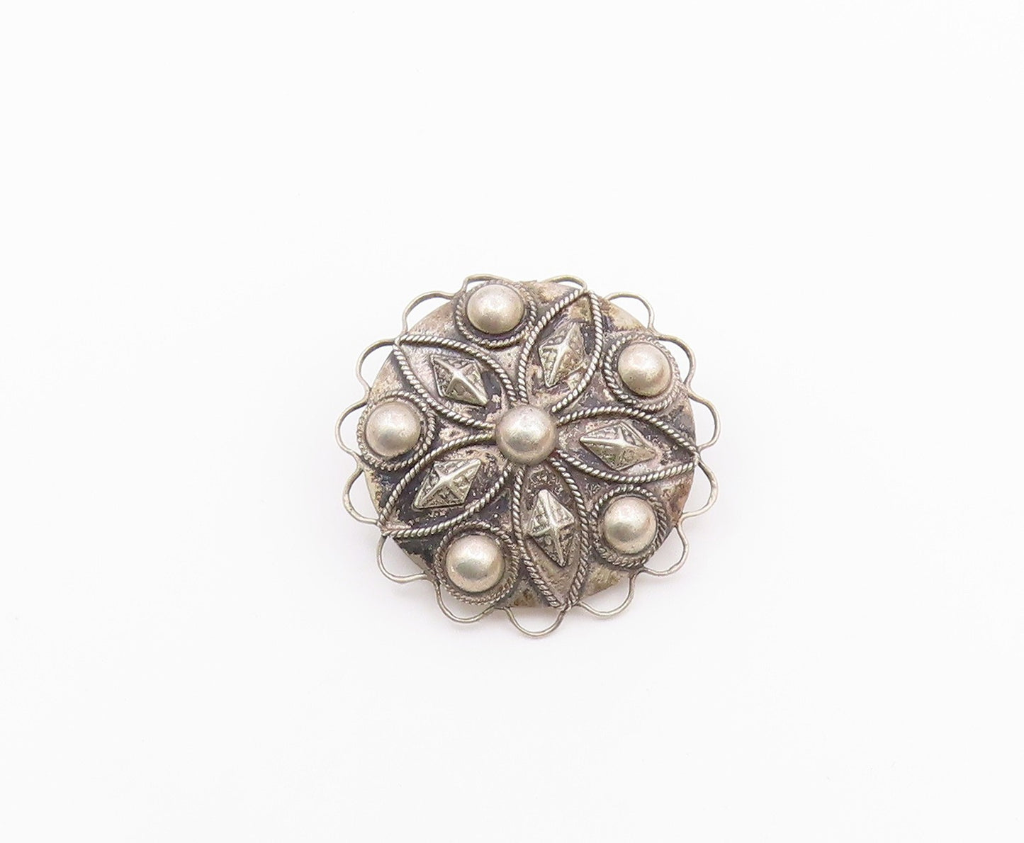 925 Sterling Silver  Vintage Wavy Edge Beaded Floral Brooch Pin  BP9619