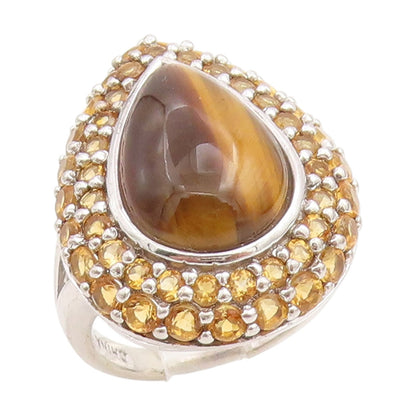 925 Sterling Silver Vintage Ring Tiger's Eye & Citrine Teardrop  Sz 7.5  RG34789