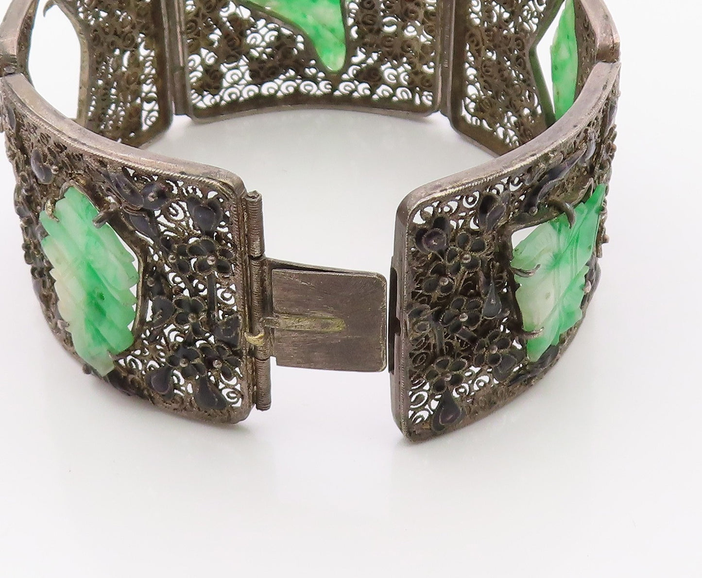 925 Sterling Silver Vintage Bracelet CHINESE EXPORT Jade Flora Filigree  BT12134