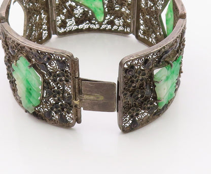 925 Sterling Silver Vintage Bracelet CHINESE EXPORT Jade Flora Filigree  BT12134