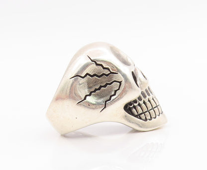 925 Sterling Silver Vintage Ring Carved Large Gothic Skull Band  Sz 8.5  RG35898