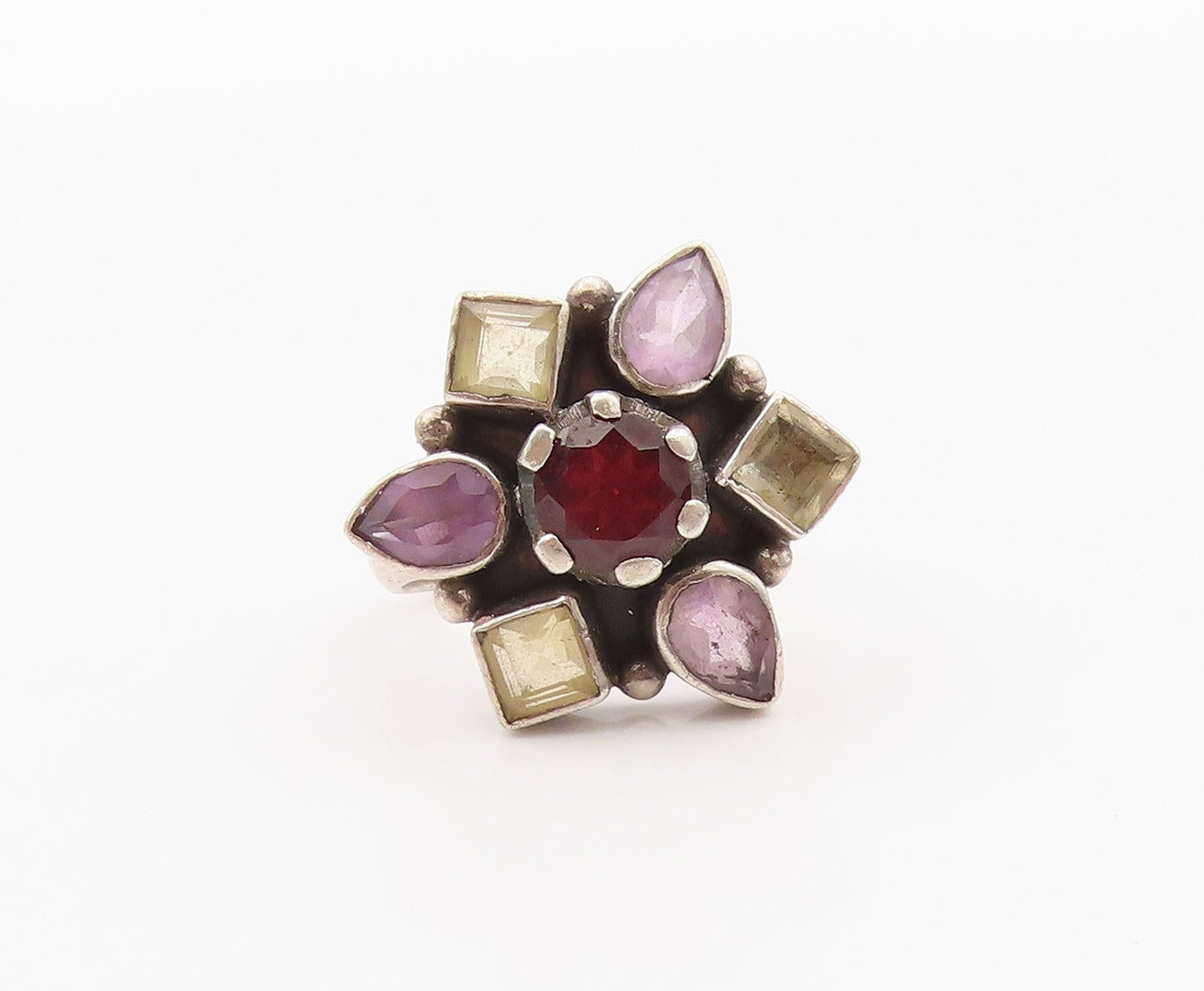 925 Sterling Silver Vintage Ring Multi Gemstone Floral Petal Band  Sz 7  RG36373