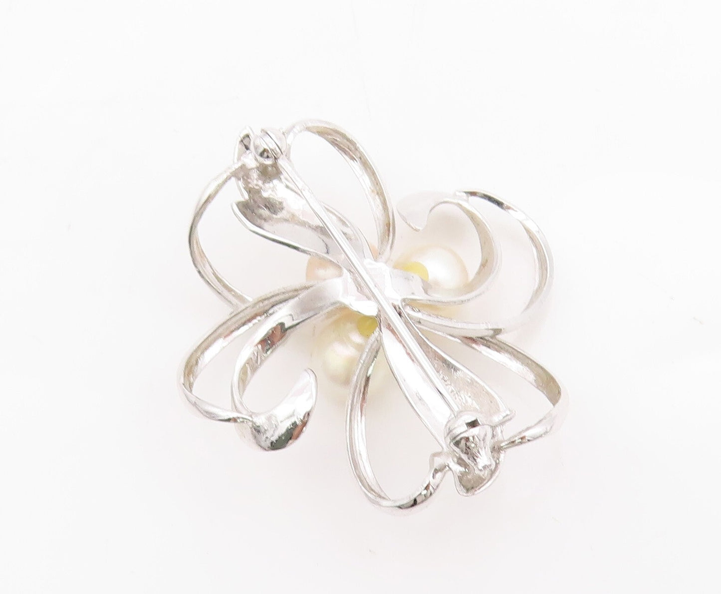 925 Sterling Silver Vintage Brooch Designer Cutout Pearl Flower  BP11470
