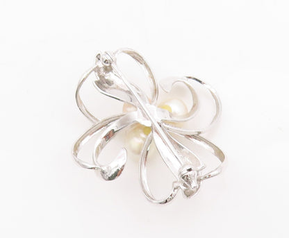 925 Sterling Silver Vintage Brooch Designer Cutout Pearl Flower  BP11470